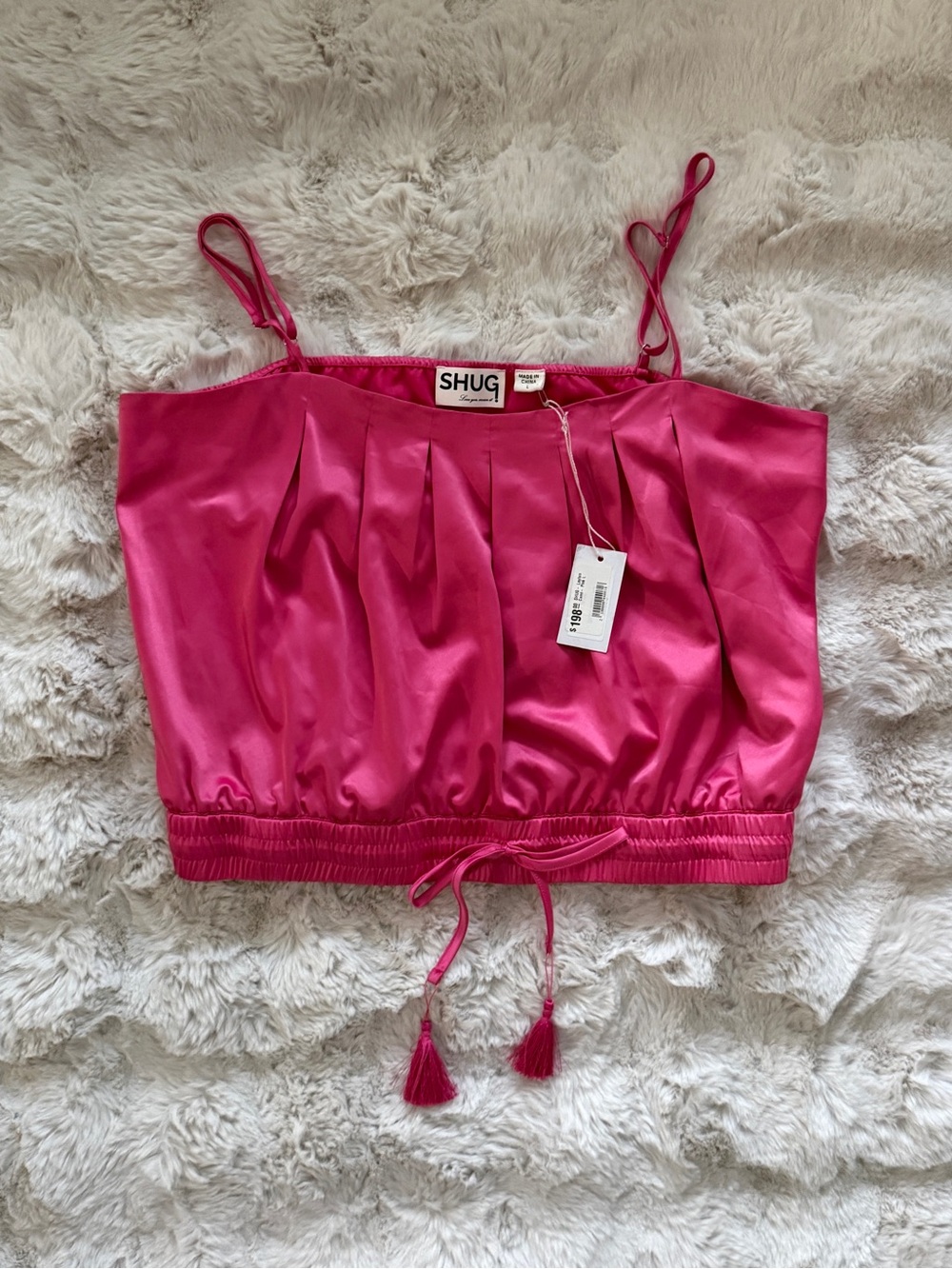 SHUG NWT Hot Pink Satin Spaghetti-Top with Drawstring detail